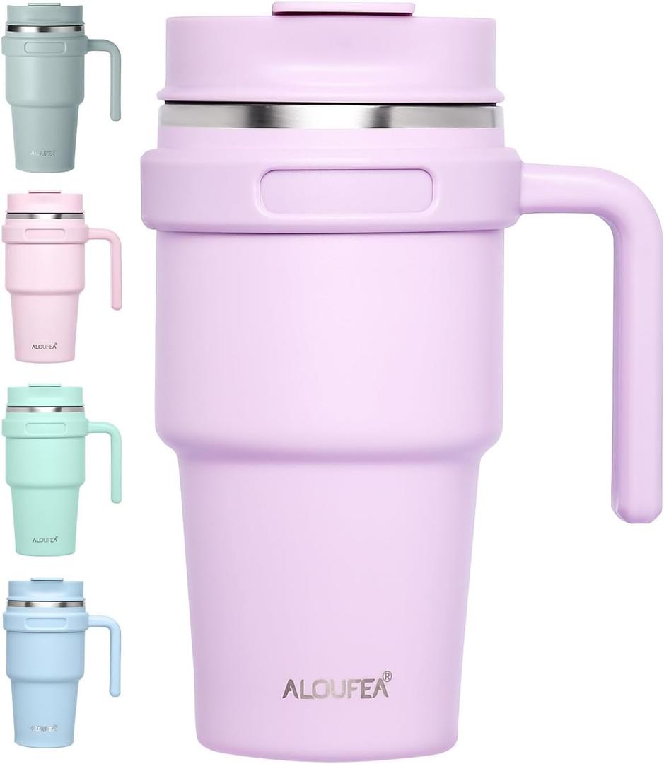 ALOUFEA 20 oz Insulated Coffee Mug Tumbler with Handle, Stainless Steel Travel Mug Tumbler with Lid and Straw, Double Wall Vacuum Leak Proof Ice Coffee Thermal Cup, Lavender