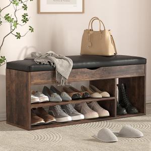 Apicizon 39 Inches Storage Bench with Padded Cushion, Shoe Bench with Storage Space, Upholstered Entryway Bench for Living Room, 2-Tier Shoe Rack Organizer, Brown