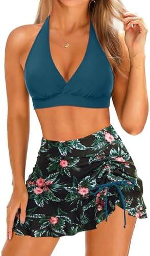 Yonique Womens High Waisted Bikini with Skirt Two Piece Swimsuit with Tummy Control Halter Bathing Suit XL