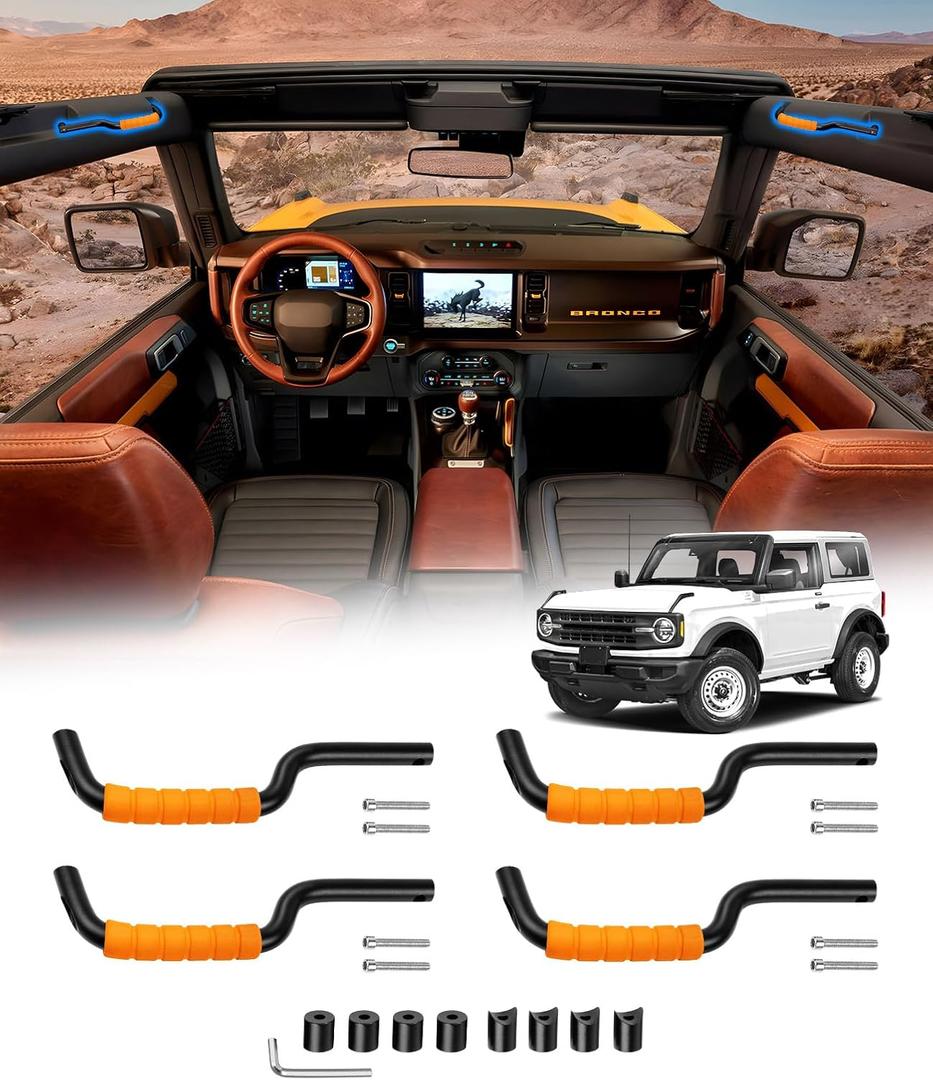 Bronco Grab Handles - 4 PCS Front & Rear Roll Bar Handles for 2021-2025 Ford Bronco 4 Door - Non-Slip Cotton Orange Interior Accessories