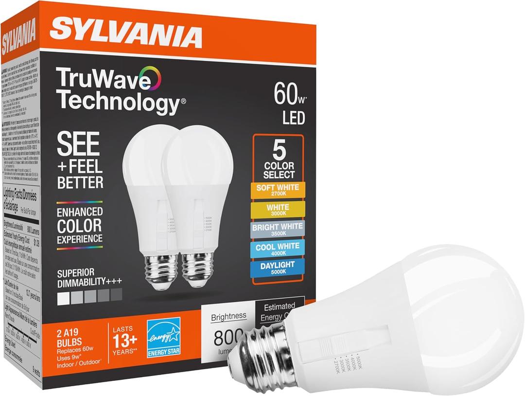 Sylvania TruWave A19 LED Light Bulb, 9W = 60W, 5 CCT Select 2700/3000 / 3500/4000 / 5000K, Dimmable, 800 LMS, Frosted Finish (42109) 2 Count (Pack of 1)