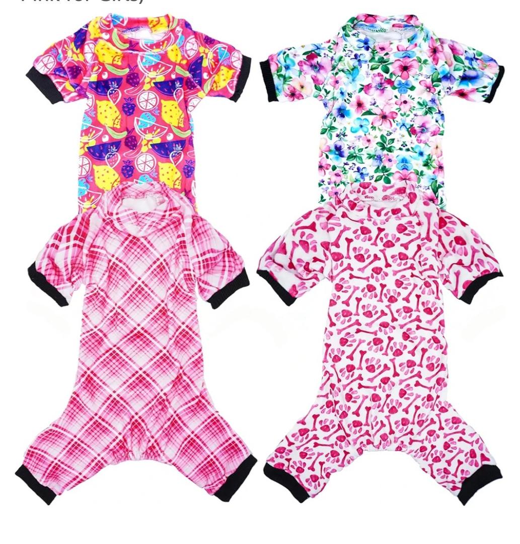 PET SHOW 4 Pack Small Dog Pajamas Cute Paw Bone Clothes for Medium Dogs Soft Stretchy PJs Plaid Jumpsuit Puppy Cats Floral Fruits Onesies Outfits with Sleeve Pets Dachshund Costume(S, Pink for Girls)