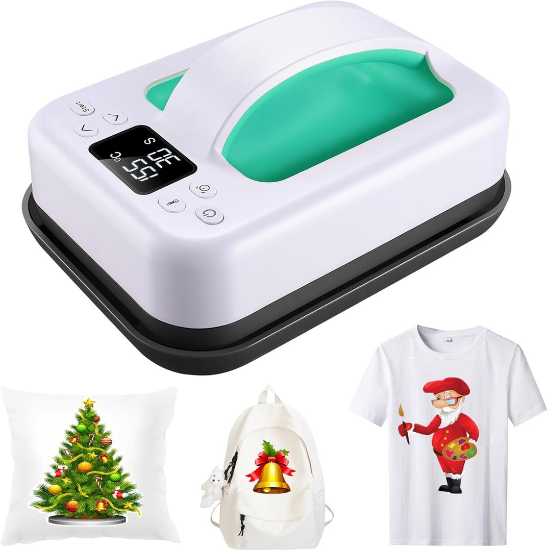 Heat Press Machine for T-Shirts, 7"  4.8" Portable Fast Heat-up Mini Easy Press with Timing Function & Insulated Base, Ideal for T-Shirts, Bags, Pillows, Aprons, and More, Green