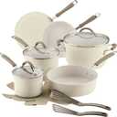 Rachael Ray Cucina Ceramic Nonstick Pots and Pans Set with Saucepans, Saute, Frying Pans, Stockpot, Lids, Pan Protectors, and Cooking Utensils, 13 Piece Non Stick Cookware Set - Almond
