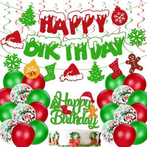 Christmas Birthday Decoration Happy Birthday Banner Christmas Cake Topper Red Green Hanging Swirls Balloons for Happy New Year Theme Party Supplies