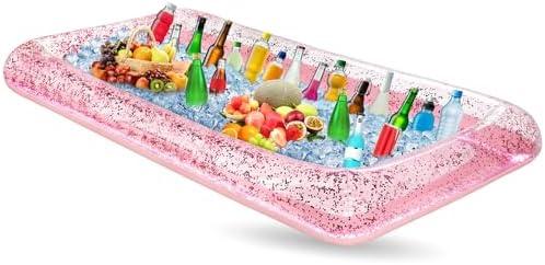 Leitee Inflatable Serving Bar with Drain Plug 52 x 24 x 5'' Inflatable Ice Serving Buffet Bar for Party Food Cooler Buffet Drink(Pink, Sequin Style)