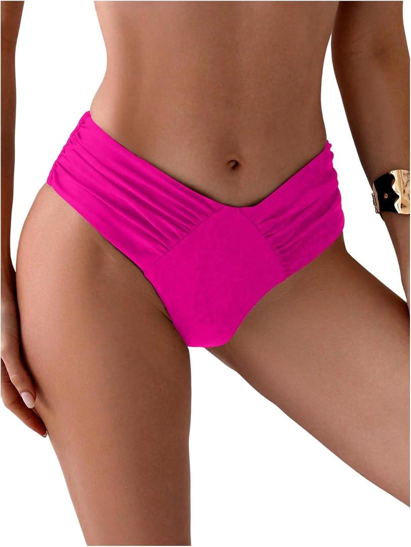 SHENHE Women's V Cut High Leg Ruched Mid Rise Bikini Bottom Swimwear Bathing Suit, Medium