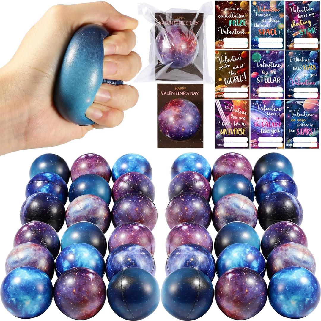 36 Pack Valentine's Day Gift Cards with Galaxy Stress Balls Galaxy Pattern Cards Space Theme Galaxy Stress Balls Set for Valentine's Day Classroom Exchange Gift (Galaxy)