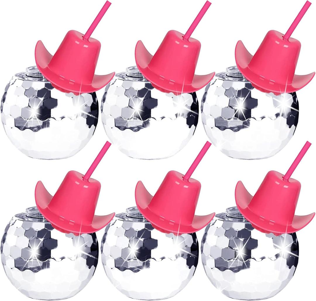 Disco Ball Cups,6 Pcs Silver Disco Cups with Cowboy Hat Lid and Straw, Sparkly Glitter Disco Ball Tumbler Pink Western Cowgirl Hat Disco Ball Cocktail Cup for Party Supplies