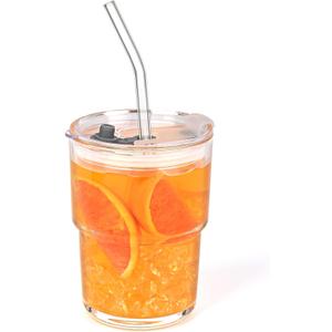 13oz Glass Tumbler with Straw and Lid Sealed, Carry On Reusable Iced Coffee Cups,Thick Wall Glass Coffee Drinking Glassware Cups (White) (A1-clear)