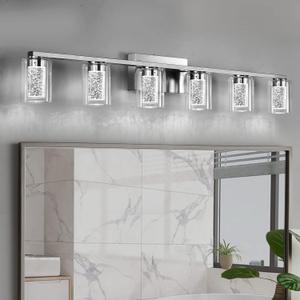 SADENICEL 6 Light Brushed Nickel Bathroom Light Fixtures, LED Vanity Lights Crystal White/Neutral/Warm Bathroom Lights Over Mirror for Bathroom, Bedroom,Living Room (6 Light)
