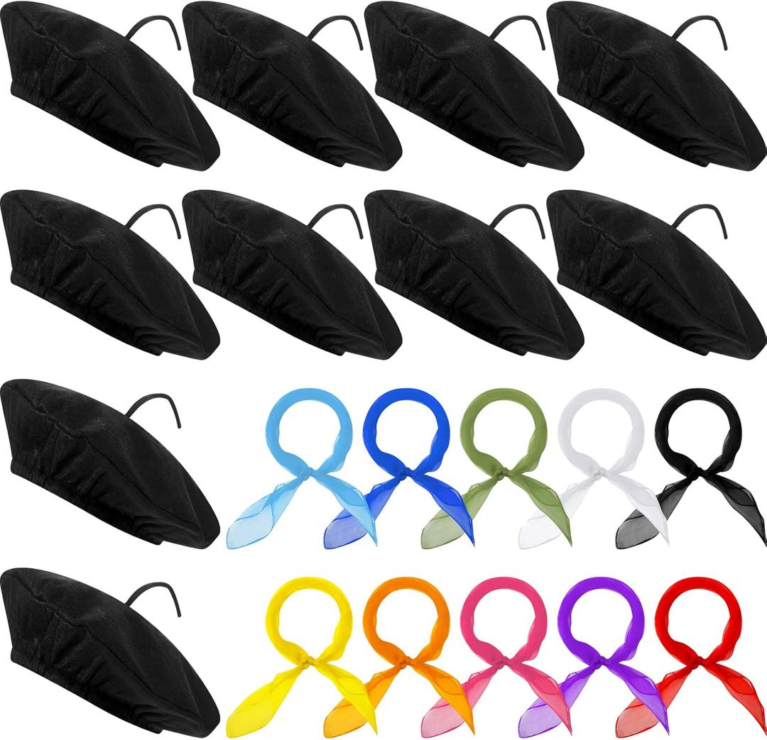Laumoi 20 Pcs Halloween Party Berets for Kids French Beret Bulk Hat Artist Beanie with Color Neck Scarf for Cosplay Decorate(Fresh Colors)