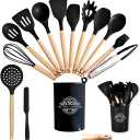 14 Piece Kitchen Utensil Set, with Wooden Handles, Includes Spatula, Whisk, Slotted Spoon - 446F Heat Resistant with Holder for Nonstick Cookware (BPA Free) (Black)