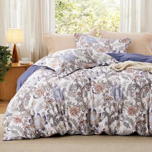 Bedsure Duvet Cover Queen Size - Reversible Blue Floral Duvet Cover Set with Zipper Closure, 3 Pieces Blossom Patterned Bedding Set with 8 Corner Ties and 2 Pillow Shams 20"x26"