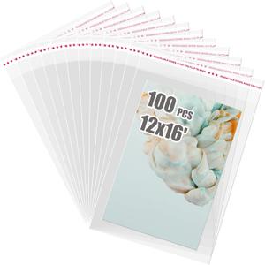 Egofine Self Sealing Cellophane Bags 100 PCS Clear Resealable Sleeves Bags for 12x16 Photo Mats (Bag Size: 12.01x16.02 inches for 12x16 Mats)