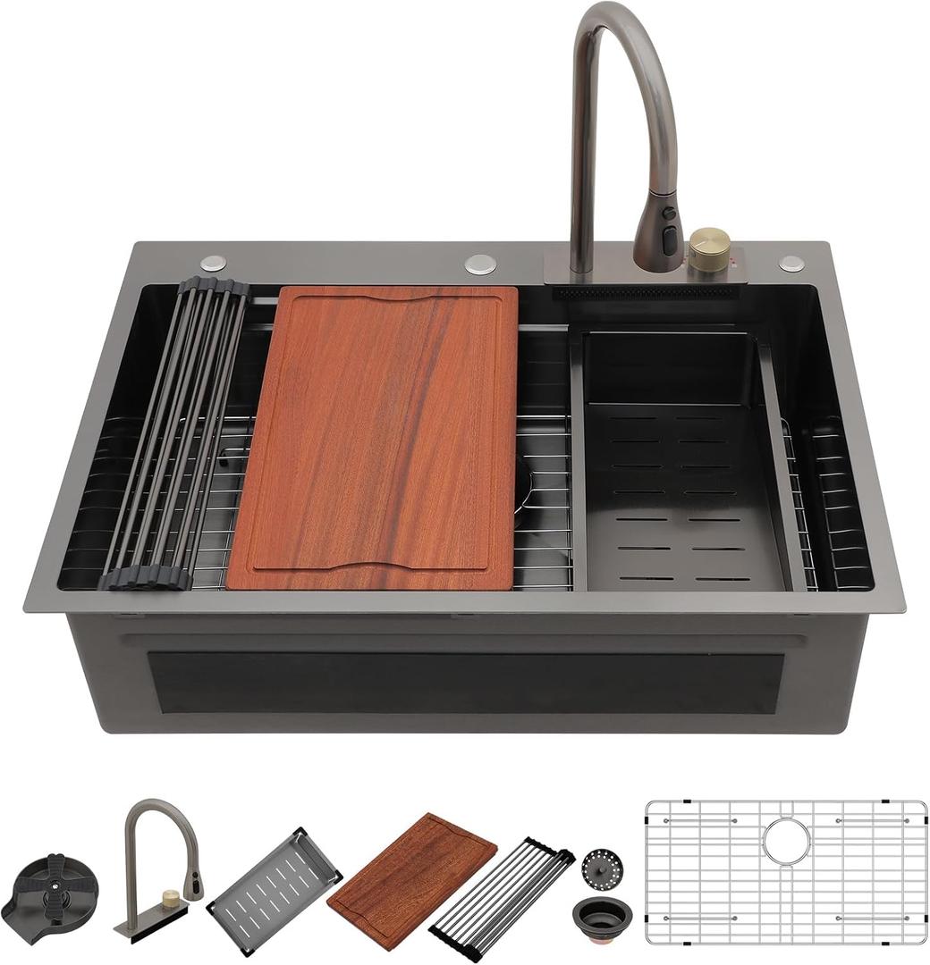 Dcolora 30 In. Drop In Black Waterfall Smart Kitchen Sink Single Bowl Workstation, 16 Gauge 304 Stainless Steel with Faucet & Cup Washer, 30"x22"x10" #DC-SFDOE00002