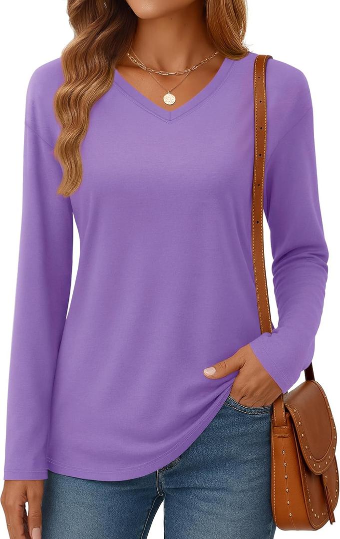 YUCOLEN Long Sleeve Shirts for Women Fall V Neck T Shirts Casual Solid Color Loose Fit Basic Tees Breathable Tops (Purple, XL)