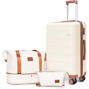 3-Piece Luggage Set with 20” Carry On, ABS Hardside Suitcase with Spinner Wheels & TSA Lock, Easy-Control Rolling Suitcase for Business Trips & Weekend Getaways (20/TB/DB Beige)