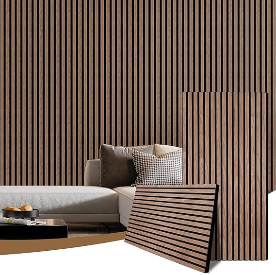 Acoustic Wood Slat Wall Panels, 2-Pack 23.6" x 23.62 for Interior Wall Decor, Sound Absorbing Slat Wall Paneling, Fluted Wall Wood Panels for Ceiling Living Room Bedroom Office (Walnut)