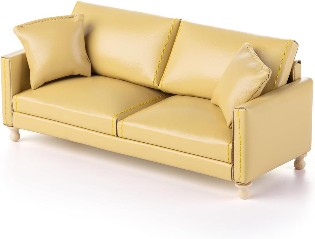 Minamzee1:12 Dollhouse Leather Couch, Miniature Modern Double Sofa with Pillows, Dollhouse Luxury Couch Furniture Accessories for Living Room Bedroom (Yellow)