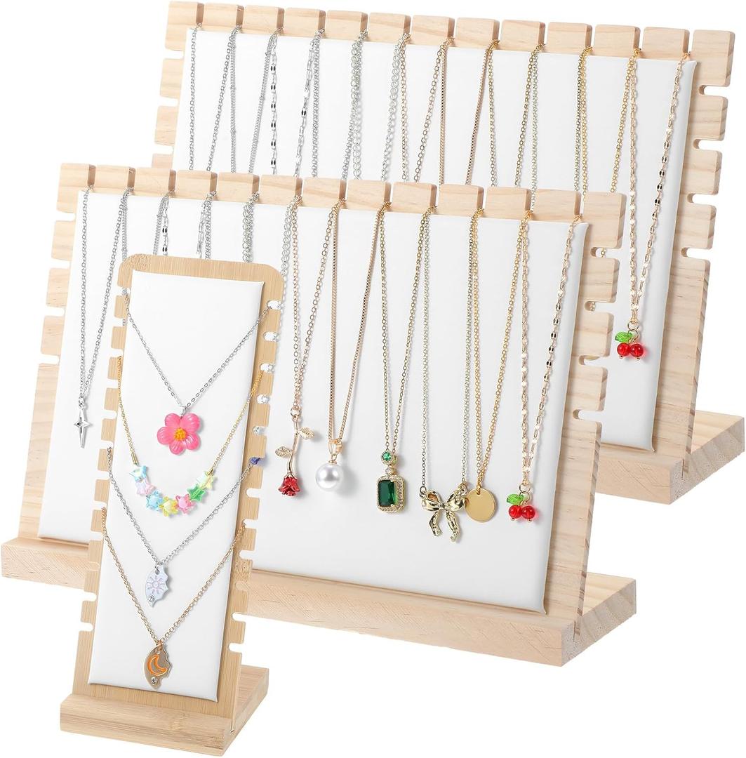 3 Pcs Necklace Display Stands for Selling, Bamboo Necklace Holder with PU Leather Panel Beige Multi-Tiered Jewelry Display Storage Set for Vendors and Home (11.8x7.9x3.3 Inch/10.6x3.9x3.7 Inch)