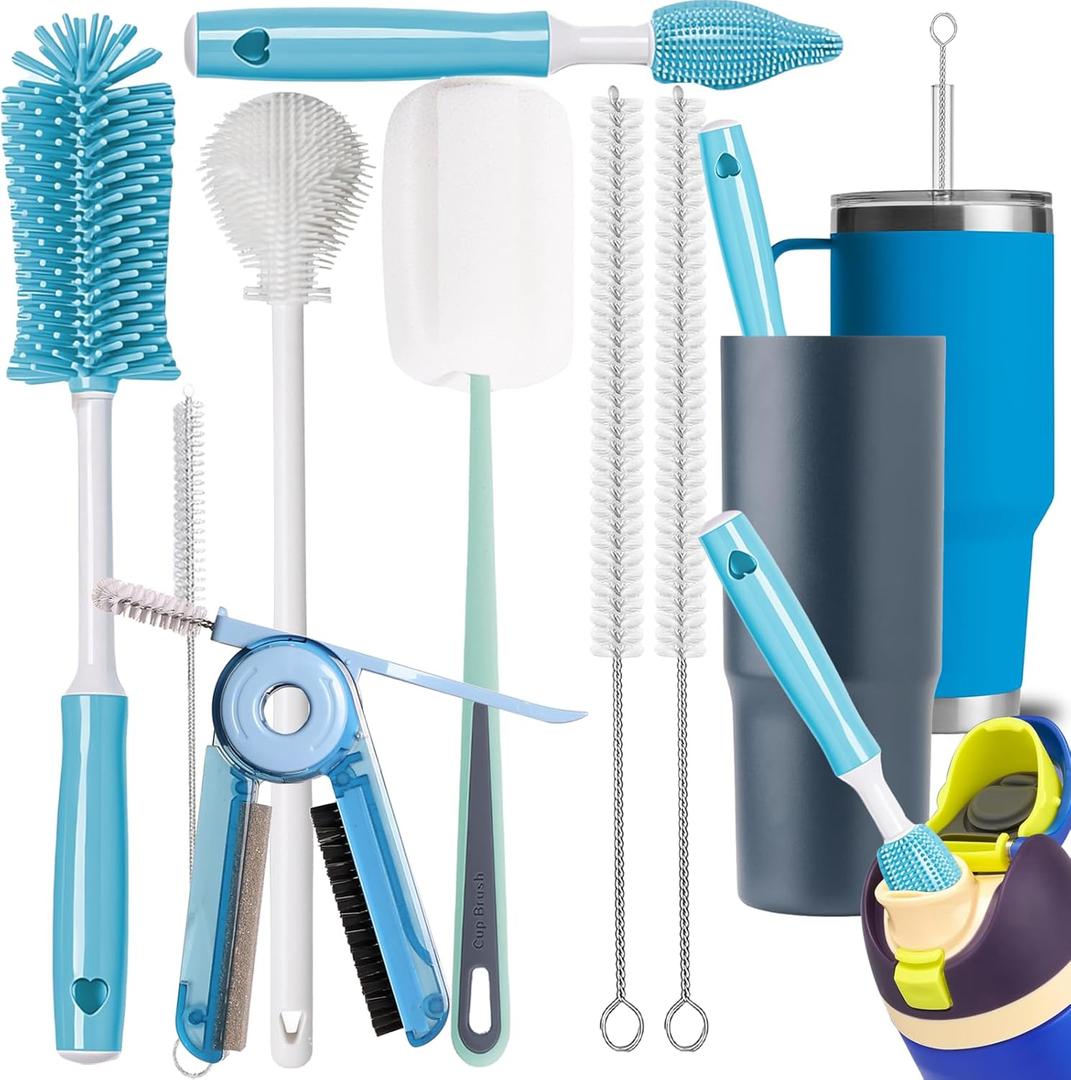 8Pcs Water Bottle Cleaner Brush, Multipurpose Bottle Brush Cleaner Kit with Long Nylon Straw Brush Cleaner for Owala, 4 in 1 Bottle Gap Cleaner and Long Handle Silicone Cup Cleaners(Blue)