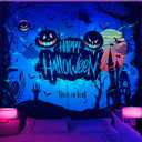 Lyxinarhy Halloween Blacklight Wall Tapestry - Night Tapestry Wall Hanging Haunted Woods with Grave and Pumpkins, UV Reactive Blanket for Bedroom Living Room Dorm Decor (Scary Pumpkin, 51 * 59 IN)