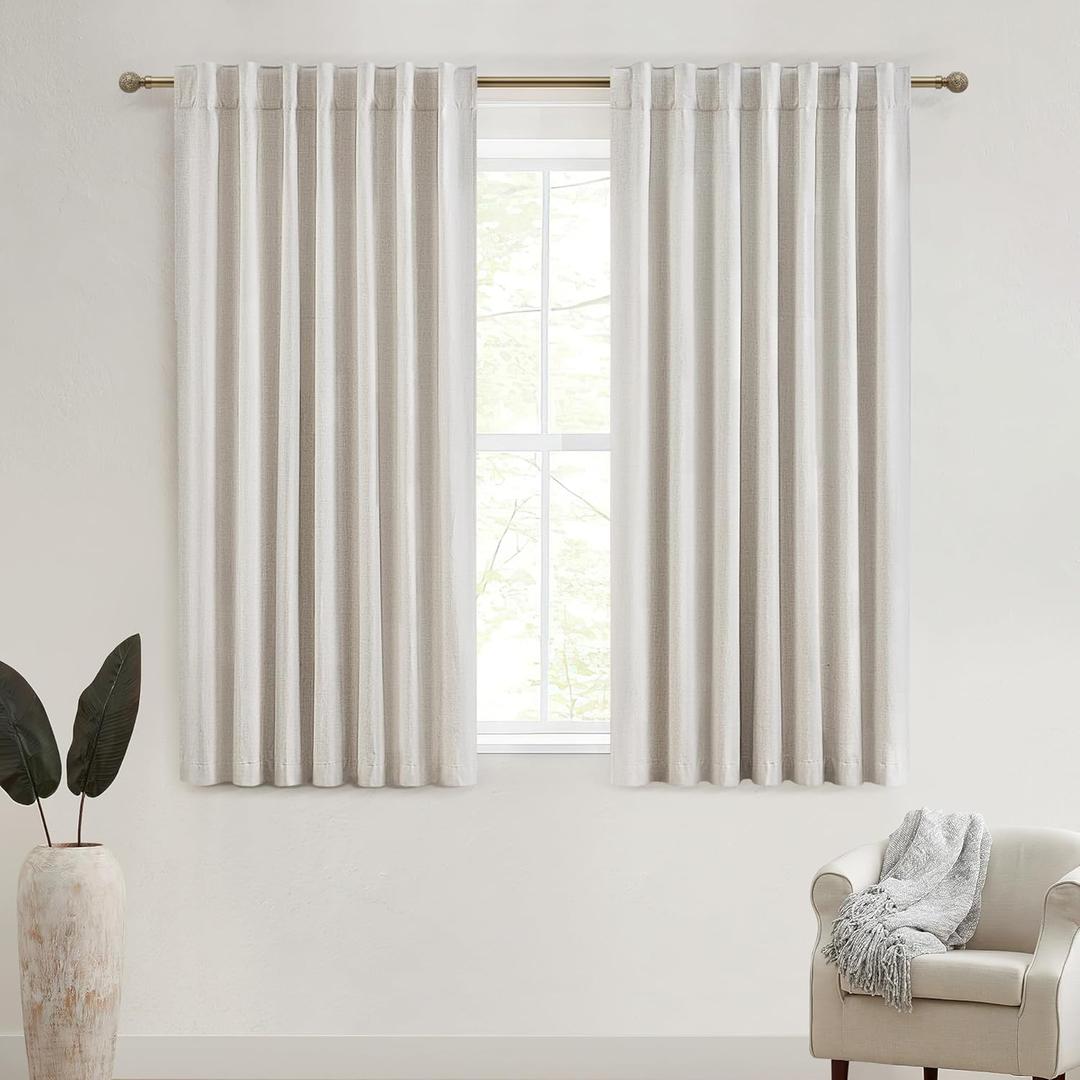 Short Linen Blackout Curtains for Bedroom 45 Inches Length 2 Panels Set, Kitchen/Bathroom Curtains for 42 Inch Small Window, Heat Blocking Thermal Insulated,Hook Belt Pleated/Back Tab (Birch)