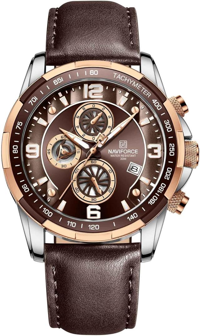 NAVIFORCE Sport Watches for Men Analog Quartz Chronograph Leather Strap Wrist Watch (Coffee)