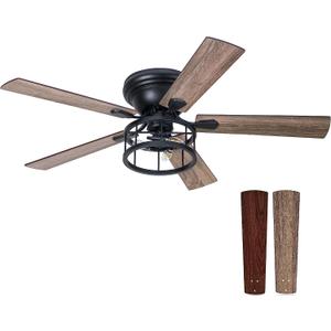 52 Inch Flush Mount Farmhouse Rustic Ceiling Fan with Light and Remote, Reversible AC Motor, 5 Dual Finish Blades, Industrial Low Profile Black Ceiling Fan light for Bedroom Living room Home