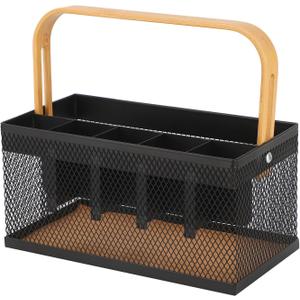 AJIODA Utensil Caddy Metal Mesh Silverware Cutlery Organizer Basket with Bamboo Handle, Multi-Purpose Steel Wire Caddy 6 Compartment Flatware Basket for Kitchen, Countertop, Picnic, Restaurant, Black