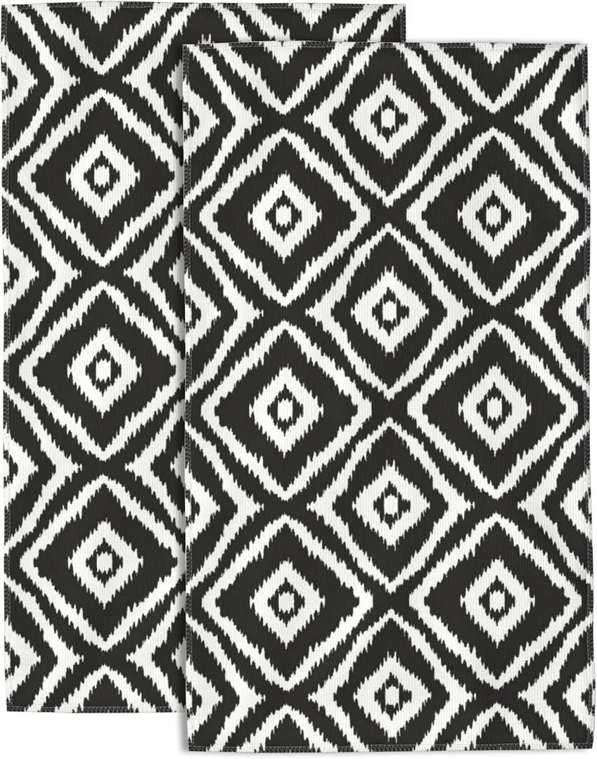Black White Diamond Grid Hand Towels - Graphic Arrangement Set of 2 Soft Absorbent Decorative Towels, 14 x 28 in