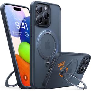 TORRAS Upgraded 360 Spin Magnetic Stand for iPhone 15 Pro Case, Fit for MagSafe, Built-in Kickstand & Ring Holder, Mil-Grade Protective Soft Edge Translucent Case for iPhone 15 Pro, Black 6.3''