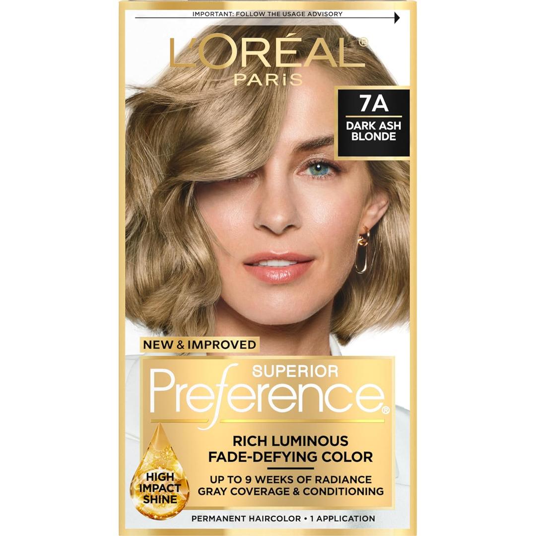 L'Oreal Paris Superior Preference Luminous Fade-Defying Permanent Hair Color, Hair Dye For Up to 9 Weeks of Radiance, Dark Ash Blonde 7A, 1 Hair Dye Kit