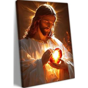 Sacred Heart of Jesus Canvas Wall Art Divine Mercy Wall Decor Christian Religious Art Poster Print Jesus Portrait Picture Painting Suitable for Bedroom Living Room Prayer Room Church Decor 16*24 (Stretched Canvas on A Wooden Frame)