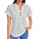 Sovugavy Women's Cotton Linen Button Down Blouse Short Sleeve V Neck Loose Fit Breathable Casual Summer Dressy Work Daily Wear White (White, XL)