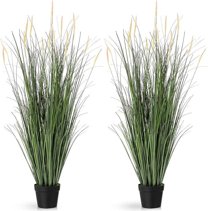 Jexine 2 Pieces 4 ft Tall Artificial Grass Plants Fake Horsetail Reed Grass Plant with Pink Spikes Potted Faux Greenery Floor Plants for Housewarming Gift House Garden Lobby Outdoor