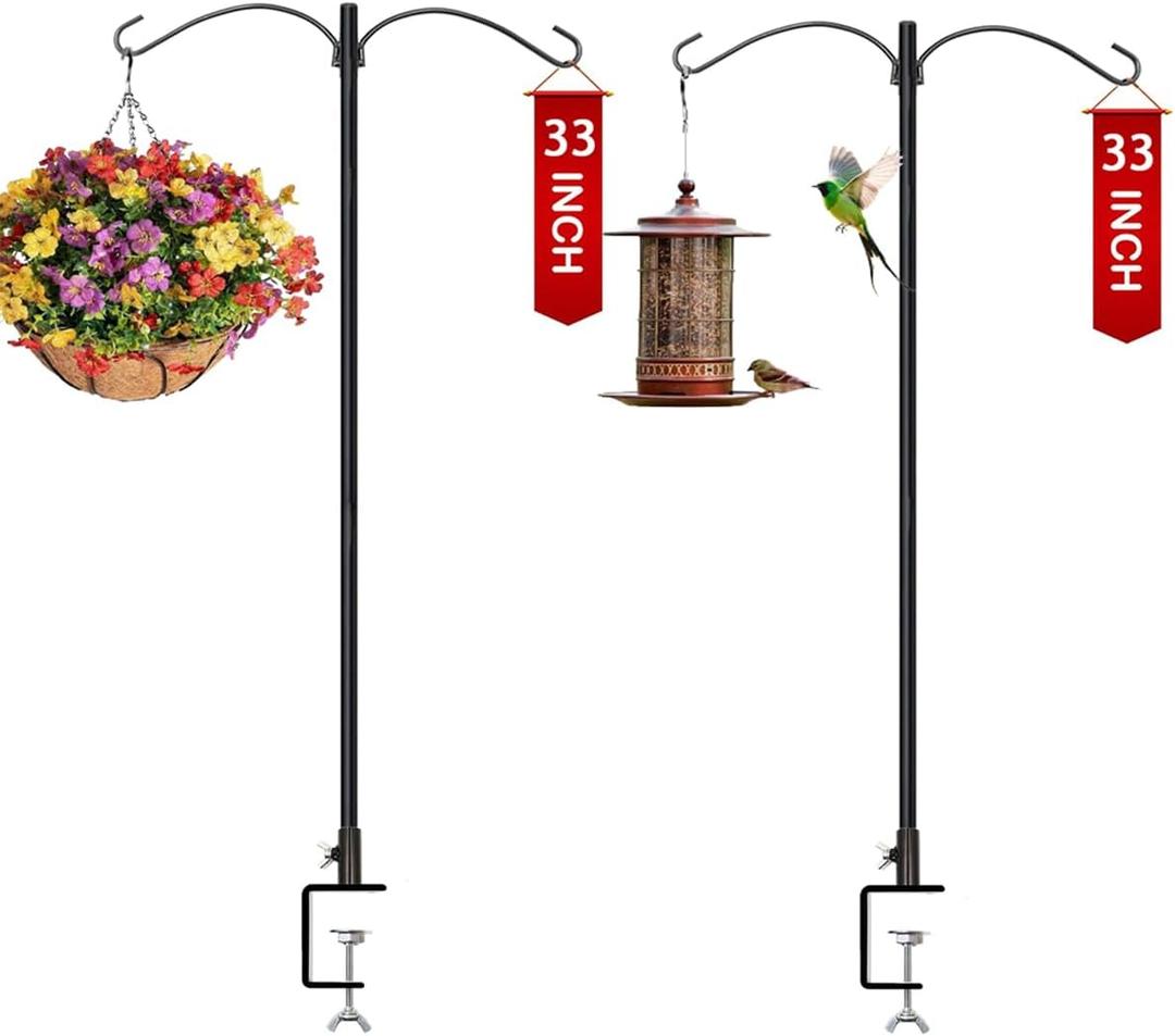 33 Inch 2 Pack Double Deck Hook for Railing, Deck Bird Feeder Hanger for Railing with 2 Inch Strengthened Clamp for Hanging Bird Feeders, Lanterns, Wind Chimes, Flower and Plant Baskets (2Pack Black-New)