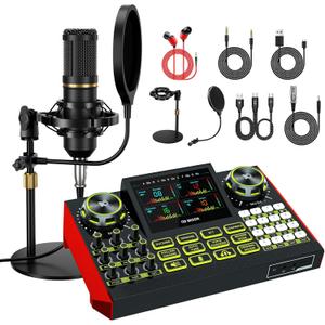 Podcast Equipment Bundle, Audio Interface with Cardioid Designer BM800 Mic for Gamer and Quality All-in-One DJ Mixer, for Live Streaming, Singing, YouTube, Gaming