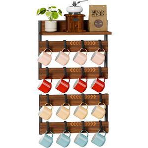 2-in-1 Coffee Mug Holder Wall Mount, 4-Tier Coffee Mug Rack Wall Mounted with 16 Adjustable Hooks and Storage Shelf, Wooden Cup Hanger Organizer for Home Kitchen Display and Collection (Brown)