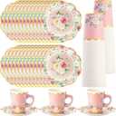 Domensi 60 Pieces Tea Party Decorations Include 30 Pcs 9 oz Paper Cups with Handle and 30 Pcs Tea Party Paper Plates Disposable Blossom Teacups and Saucers for wedding Favors(Elegant)