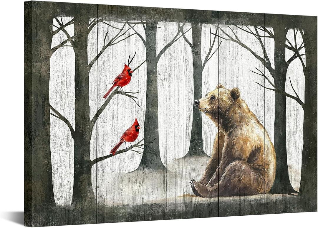 iKNOW FOTO Woodland Animal Nursery Canvas Wall Art Bear and Northern Cardinals Tree Watercolor Painting Forest Wildlife Poster for Boys and Girls Room Rustic Modern Home Decor 16x24 Ready to Hang