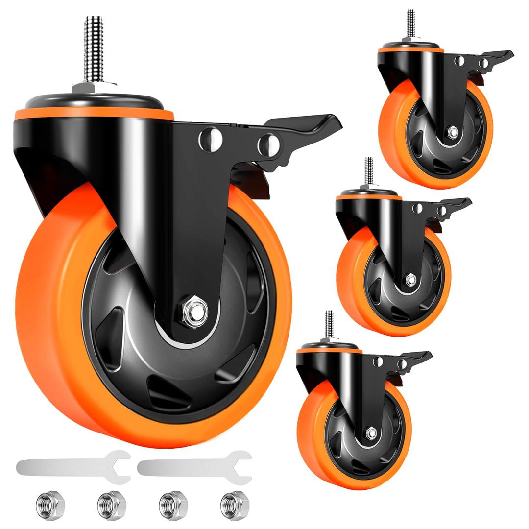4 inch Stem Caster Wheels 2000lbs, Threaded Stem Casters Set of 4 Heavy Duty,3/8"-16 x 1(Stem Diameter 3/8", Length 1"), Safety Dual Locking Caster, Industrial Castor Wheels for Cart,Furniture