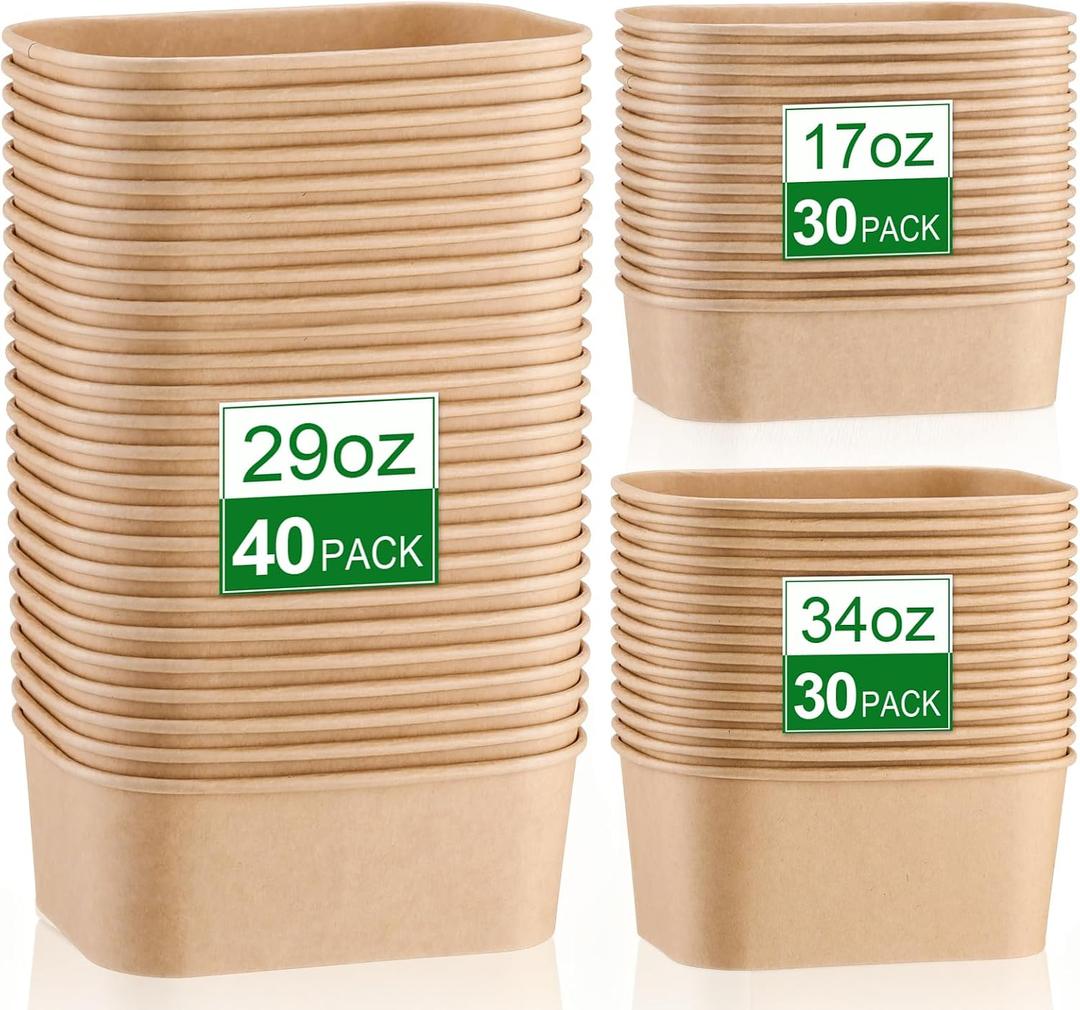 100 Pack 17oz 29oz 34oz Disposable Kraft Paper Bowls Without Lids Paper Food Container Meal Prep Container Rectangle Leakproof Takeout Bowl for Hot Cold Soup Salad Microwave Safe
