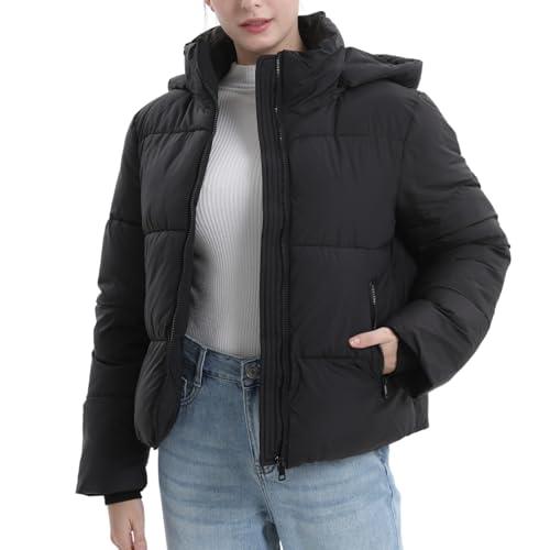 PUFFIT Women's Cropped Puffer Jackets, Warm Winter Jacket with Removable Hood, Zipped Pockets, Short Ladies Quilted Coat, M, Black