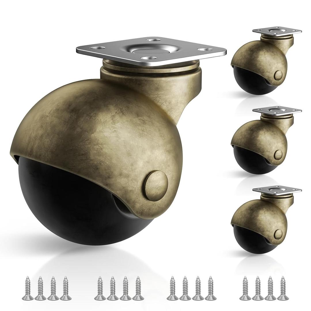 2 Inch Ball Furniture Caster Wheels, Brass Casters Set of 4, Plate Swivel Castor Wheels for Furniture, Kitchen, Cabinet, Table, Max Load Capacity 400 LBS(with Screws)