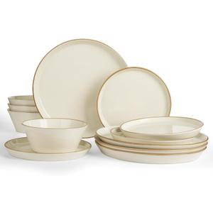 Famiware Saturn Dinnerware Sets, Plates and Bowls Sets for 4, 12 Pieces Stoneware Dish Set - Chip and Scratch Resistant, Microwave and Dishwasher Safe Tableware Set, Vanilla White with Rim