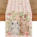 Artoid Mode Bunny Rabbit Flowers Leaves Pink Buffalo Plaid Easter Table Runner, Spring Kitchen Dining Table Decoration for Home Party Decor 13x108 Inch