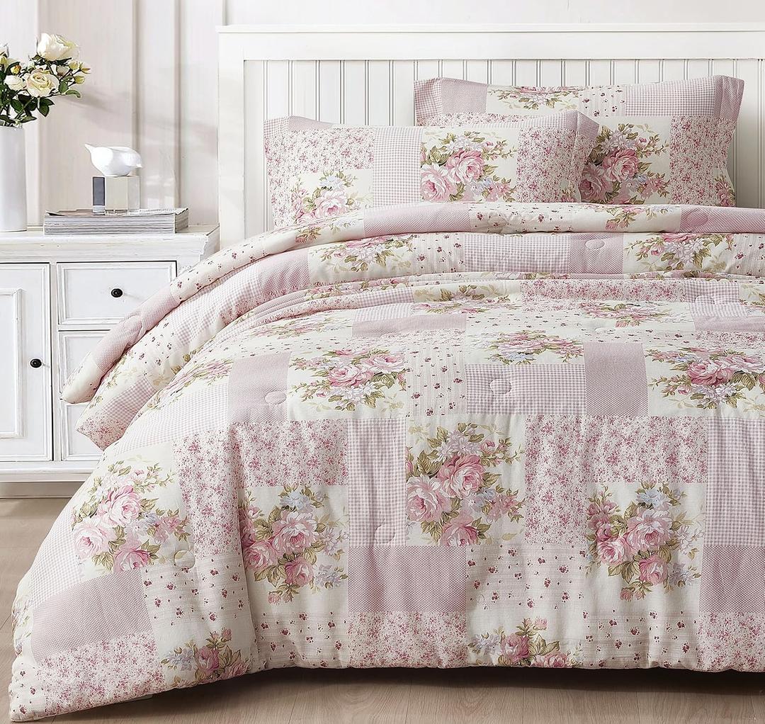 Chezmoi Collection Rosy 3-Piece Full Size Washed Cotton Comforter Set - Floral Bedding Set Ivory Green Pink Flower Polka Dot Printed Patchwork Reversible Lightweight Comforter for All Season