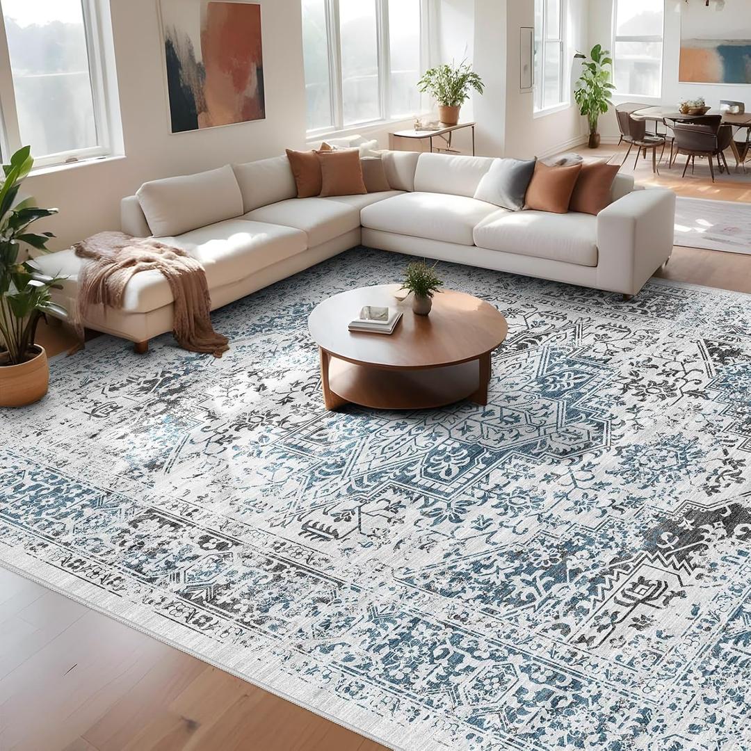 9x12 Large Area Rug - Vintage Washable Rug for Living Room with Non-Slip Low-Pile Traditional Medallion Border Rugs with Stain Resistant Foldable Retro Accent Carpet (9' x 12', Blue)